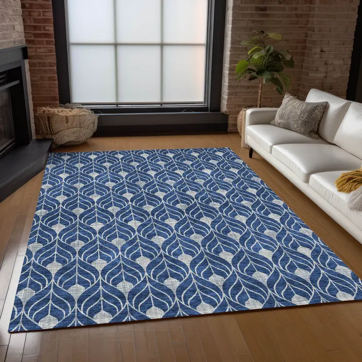 9' X 12' Navy Blue And Ivory Geometric Washable Indoor Outdoor Area Rug