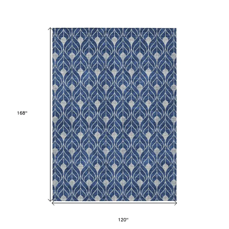 10' X 14' Navy Blue And Ivory Geometric Washable Indoor Outdoor Area Rug