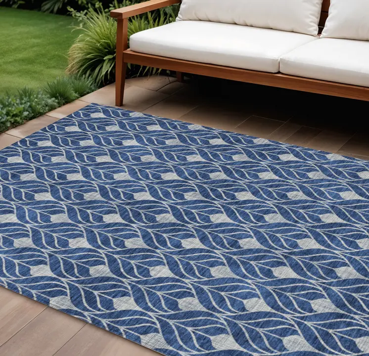 10' X 14' Navy Blue And Ivory Geometric Washable Indoor Outdoor Area Rug