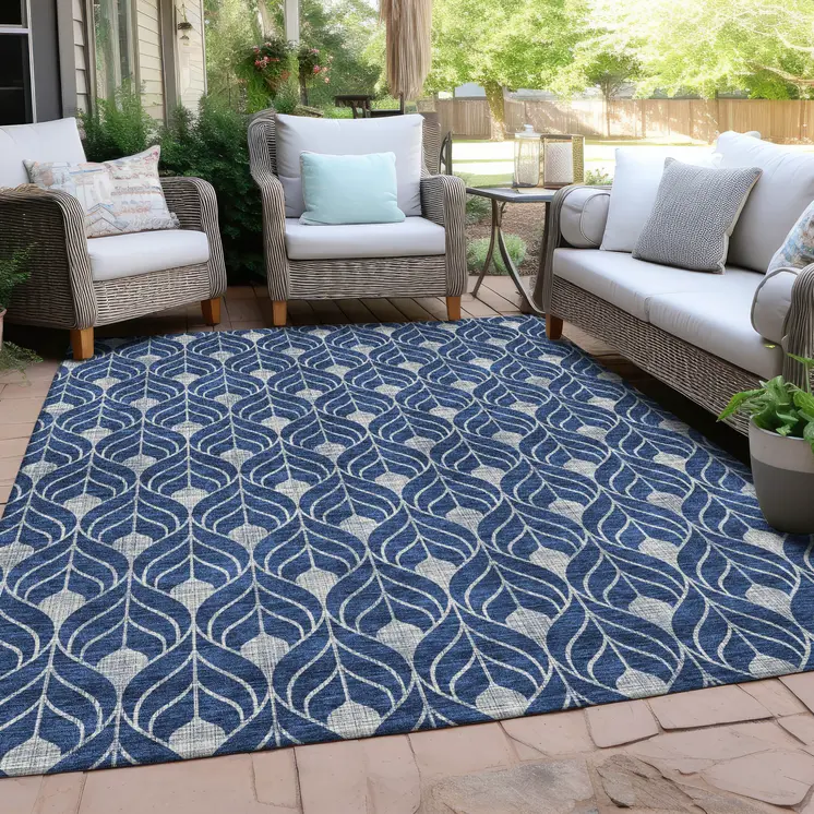 10' X 14' Navy Blue And Ivory Geometric Washable Indoor Outdoor Area Rug