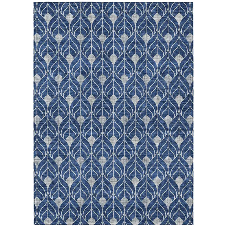 10' X 14' Navy Blue And Ivory Geometric Washable Indoor Outdoor Area Rug