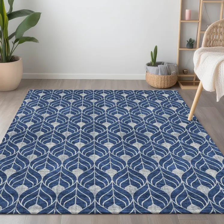 10' X 14' Navy Blue And Ivory Geometric Washable Indoor Outdoor Area Rug