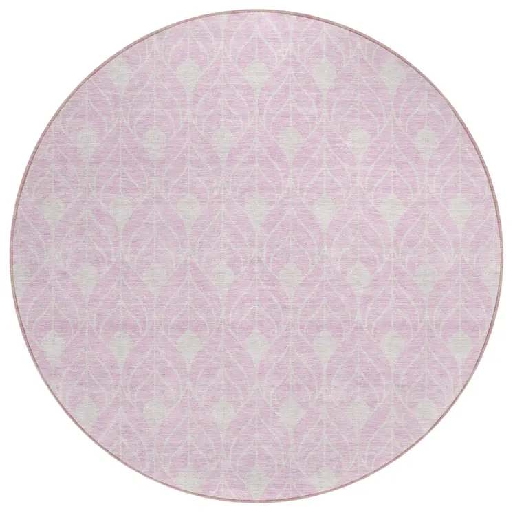 8' Pink And Ivory Round Geometric Washable Indoor Outdoor Area Rug