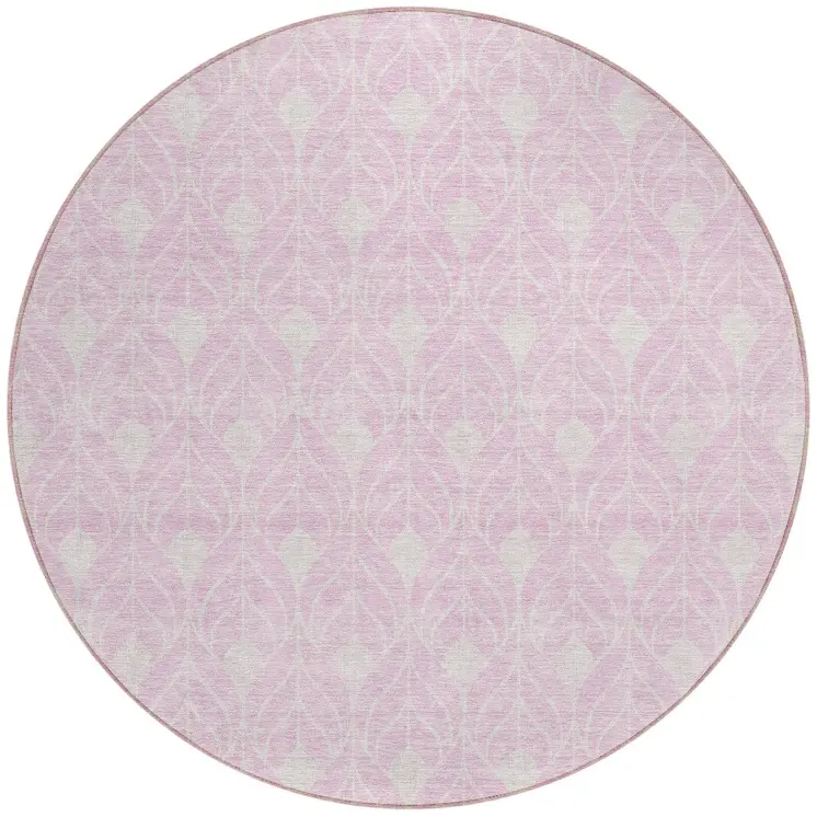 8' Pink And Ivory Round Geometric Washable Indoor Outdoor Area Rug
