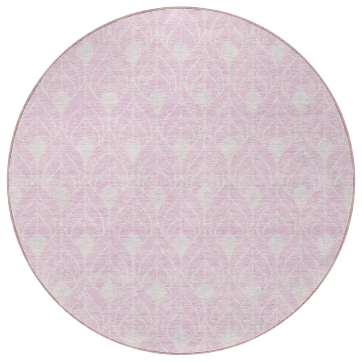 8' Pink And Ivory Round Geometric Washable Indoor Outdoor Area Rug