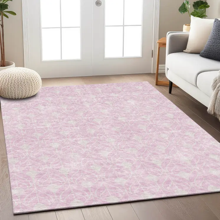 9' X 12' Pink And Ivory Geometric Washable Indoor Outdoor Area Rug