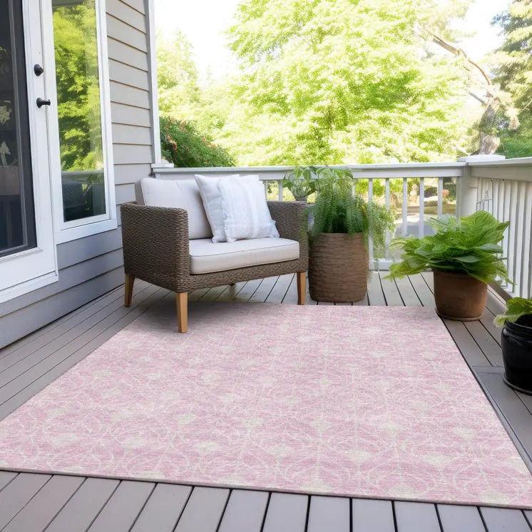 10' X 14' Pink And Ivory Geometric Washable Indoor Outdoor Area Rug