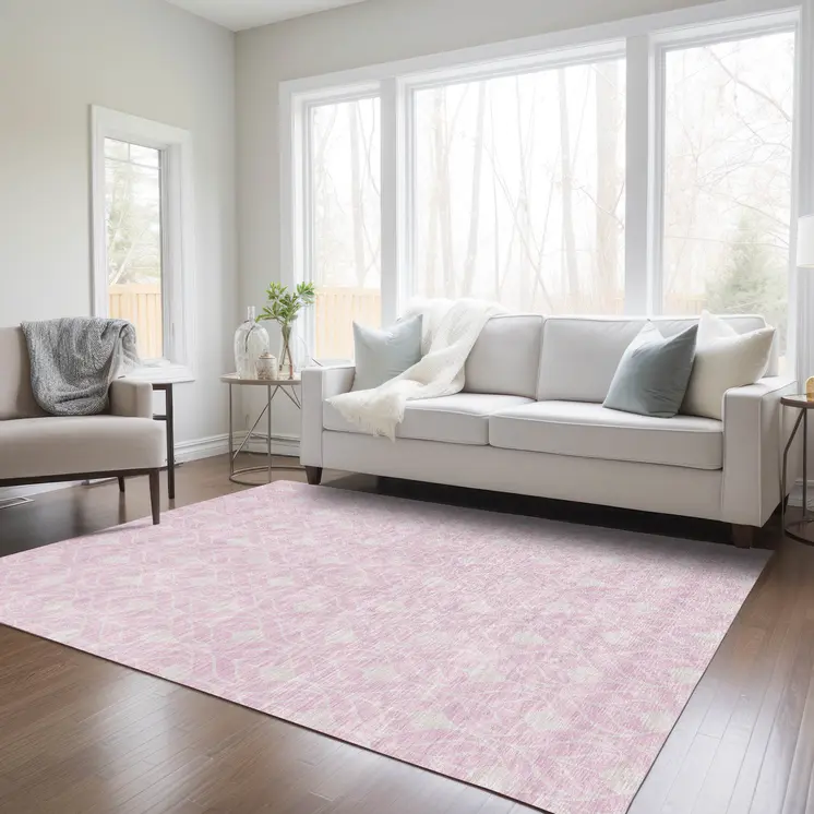 10' X 14' Pink And Ivory Geometric Washable Indoor Outdoor Area Rug