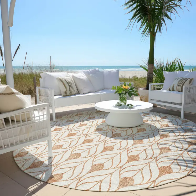 8' Salmon And Beige Round Geometric Washable Indoor Outdoor Area Rug