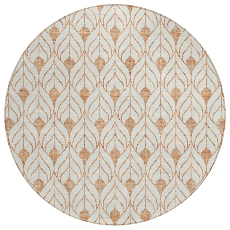 8' Salmon And Beige Round Geometric Washable Indoor Outdoor Area Rug