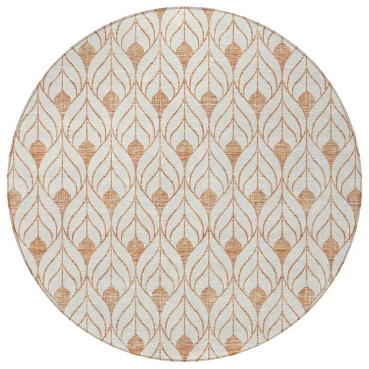 8' Salmon And Beige Round Geometric Washable Indoor Outdoor Area Rug