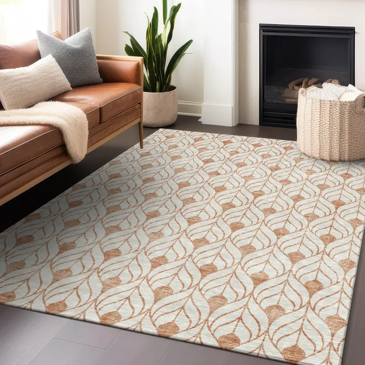10' X 14' Salmon And Beige Geometric Washable Indoor Outdoor Area Rug