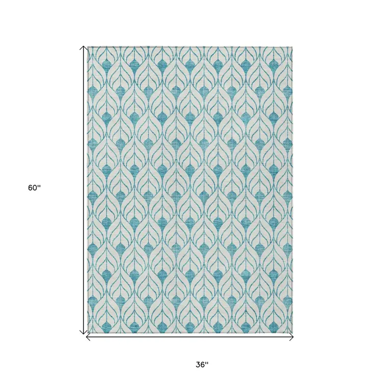 3' X 5' Teal Blue And Ivory Geometric Washable Indoor Outdoor Area Rug