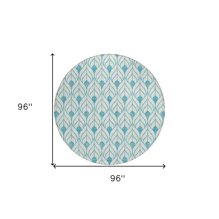 8' Teal Blue And Ivory Round Geometric Washable Indoor Outdoor Area Rug