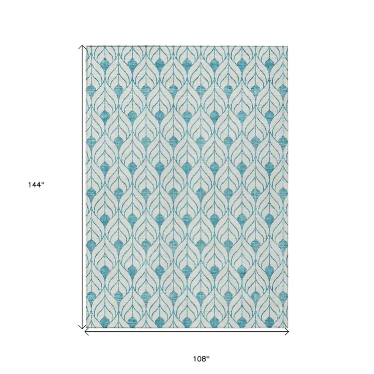 9' X 12' Teal Blue And Ivory Geometric Washable Indoor Outdoor Area Rug