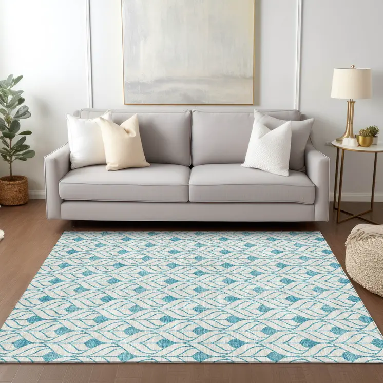 9' X 12' Teal Blue And Ivory Geometric Washable Indoor Outdoor Area Rug