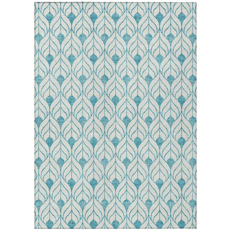 10' X 14' Teal Blue And Ivory Geometric Washable Indoor Outdoor Area Rug