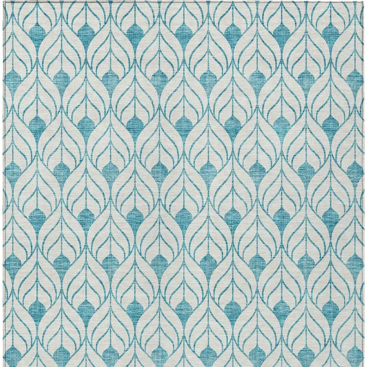 10' X 14' Teal Blue And Ivory Geometric Washable Indoor Outdoor Area Rug