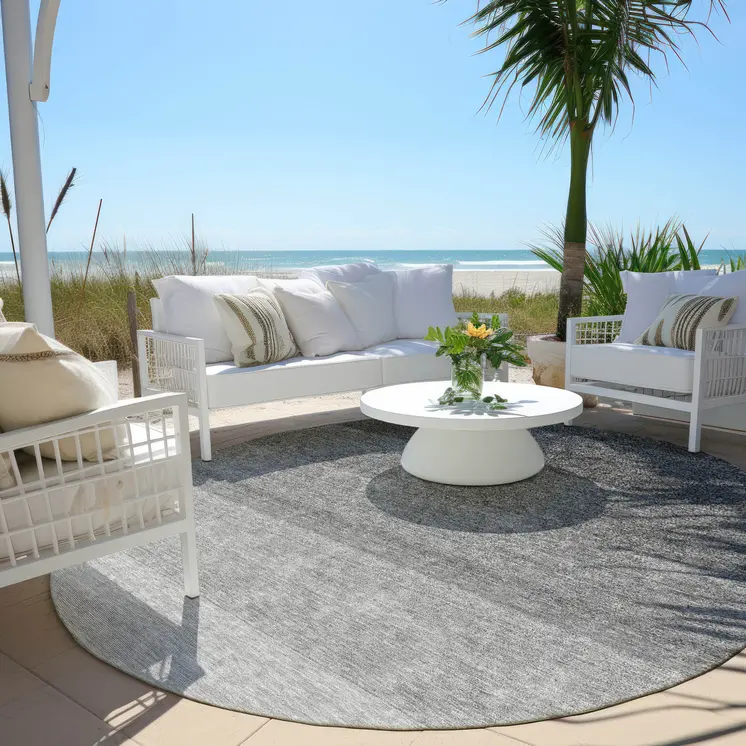 8' Black And Ivory Round Ombre Washable Indoor Outdoor Area Rug