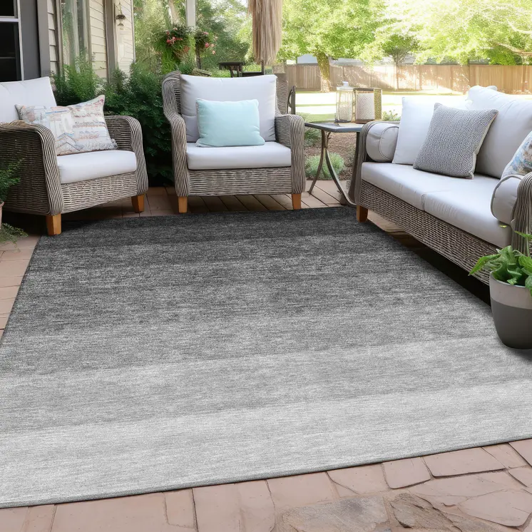 10' X 14' Black And Ivory Ombre Washable Indoor Outdoor Area Rug