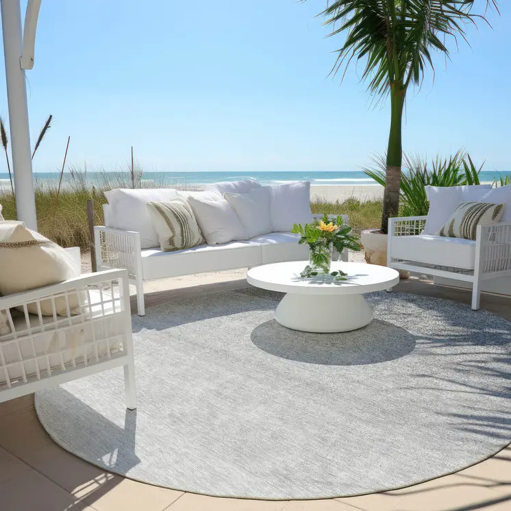 8' Gray And Light Gray Round Ombre Washable Indoor Outdoor Area Rug