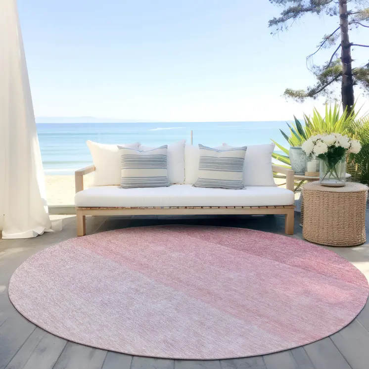 8' Pink And Ivory Round Ombre Washable Indoor Outdoor Area Rug