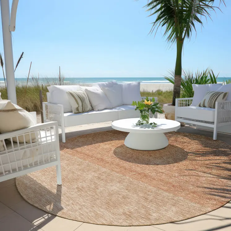 8' Copper And Beige Round Ombre Washable Indoor Outdoor Area Rug