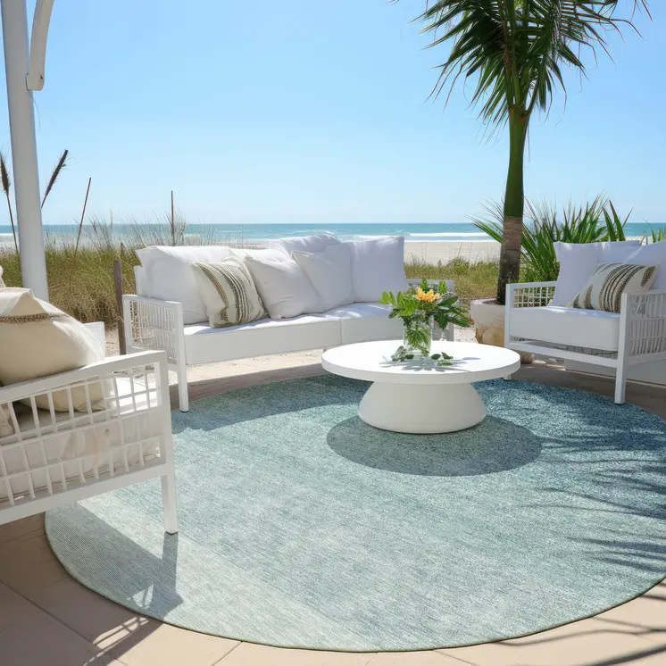 8' Teal Blue And Ivory Round Ombre Washable Indoor Outdoor Area Rug