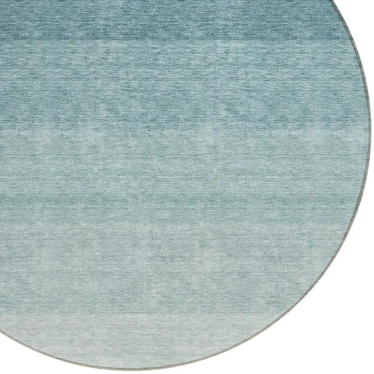 8' Teal Blue And Ivory Round Ombre Washable Indoor Outdoor Area Rug