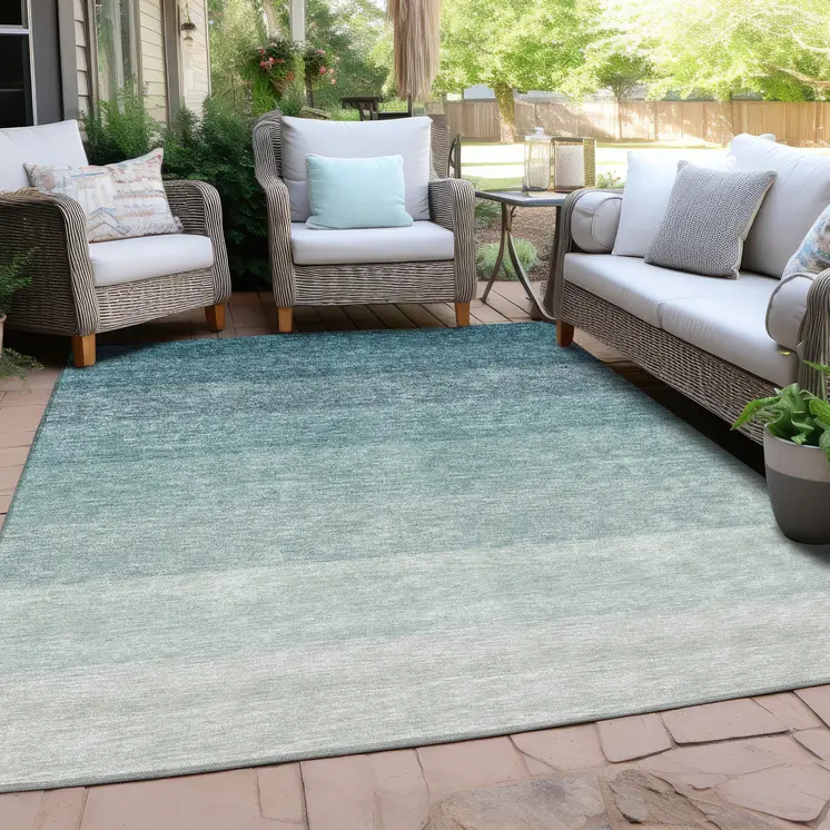 8' X 10' Teal Blue And Ivory Ombre Washable Indoor Outdoor Area Rug