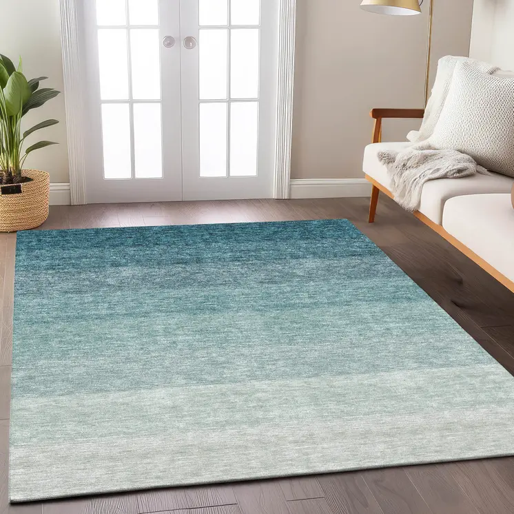 8' X 10' Teal Blue And Ivory Ombre Washable Indoor Outdoor Area Rug