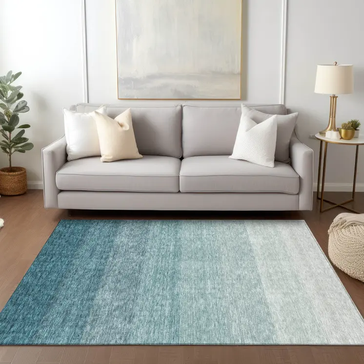 8' X 10' Teal Blue And Ivory Ombre Washable Indoor Outdoor Area Rug