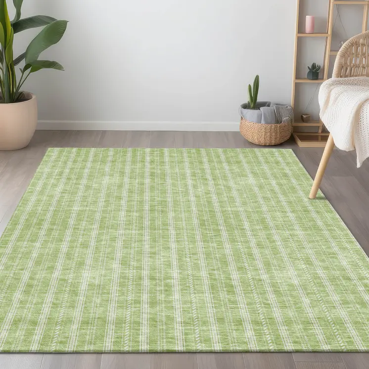 3' X 5' Artichoke Green And Ivory Striped Washable Indoor Outdoor Area Rug