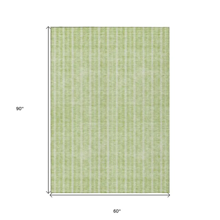 5' X 8' Artichoke Green And Ivory Striped Washable Indoor Outdoor Area Rug