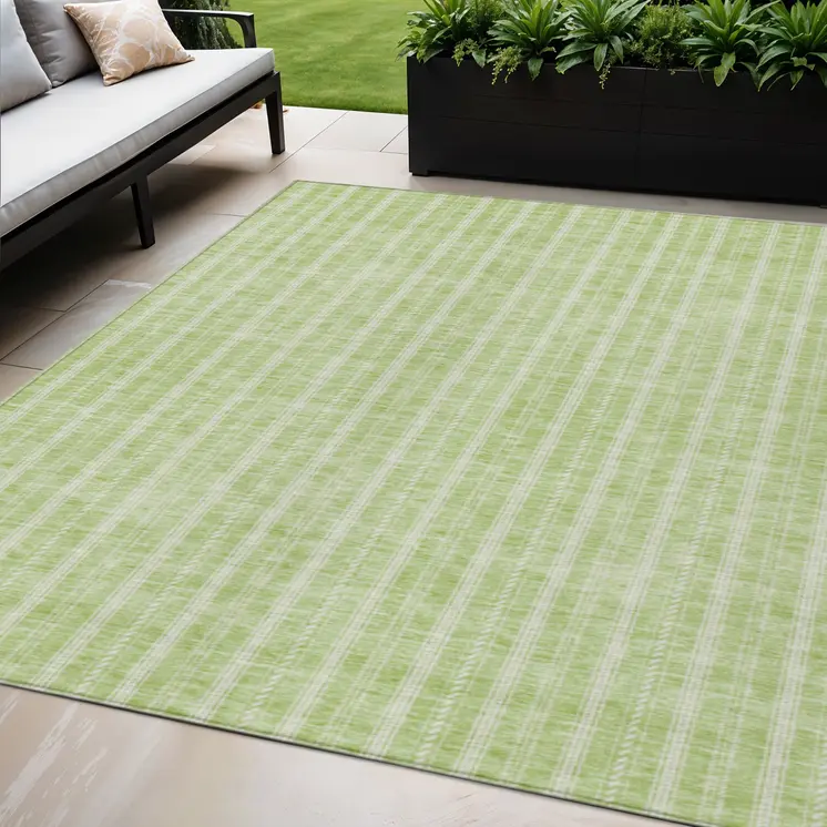 5' X 8' Artichoke Green And Ivory Striped Washable Indoor Outdoor Area Rug