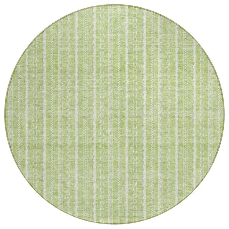 8' Artichoke Green And Ivory Round Striped Washable Indoor Outdoor Area Rug