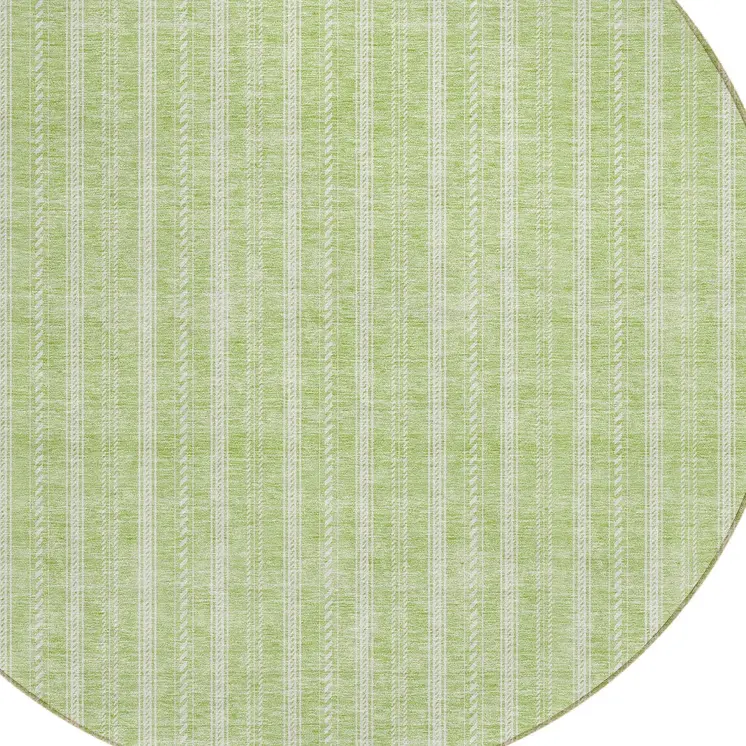 8' Artichoke Green And Ivory Round Striped Washable Indoor Outdoor Area Rug
