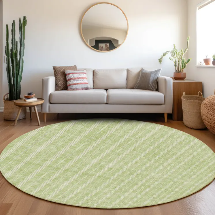 8' Artichoke Green And Ivory Round Striped Washable Indoor Outdoor Area Rug