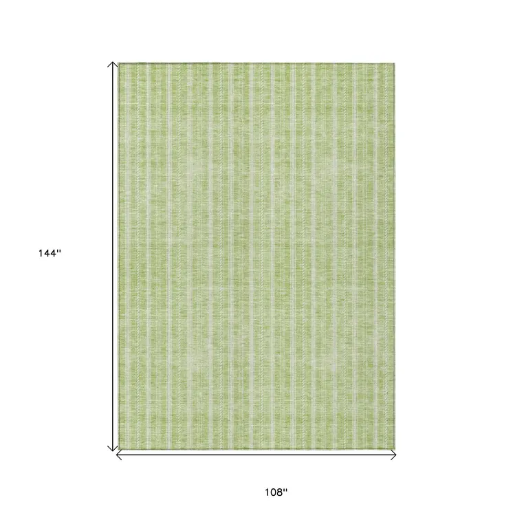 9' X 12' Artichoke Green And Ivory Striped Washable Indoor Outdoor Area Rug