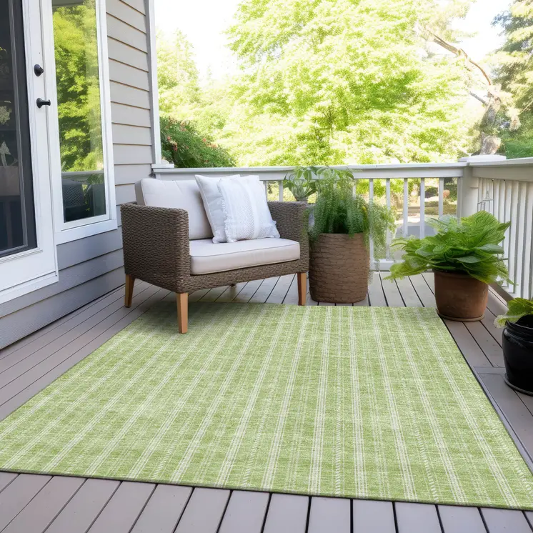 9' X 12' Artichoke Green And Ivory Striped Washable Indoor Outdoor Area Rug