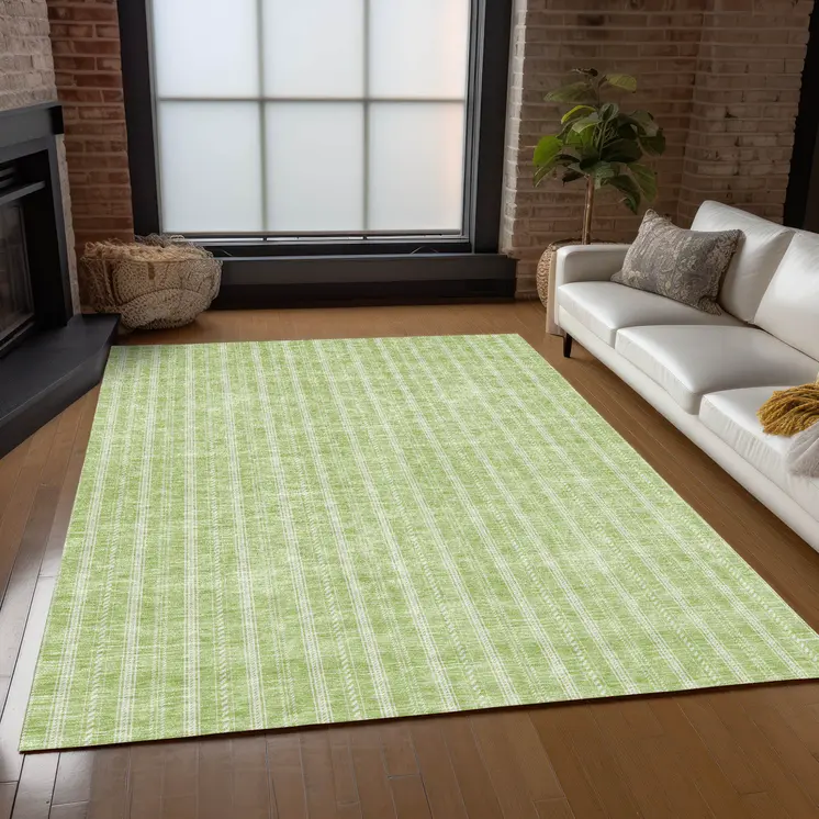 9' X 12' Artichoke Green And Ivory Striped Washable Indoor Outdoor Area Rug