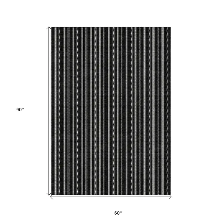 5' X 8' Black And Ivory Striped Washable Indoor Outdoor Area Rug