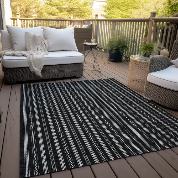 5' X 8' Black And Ivory Striped Washable Indoor Outdoor Area Rug