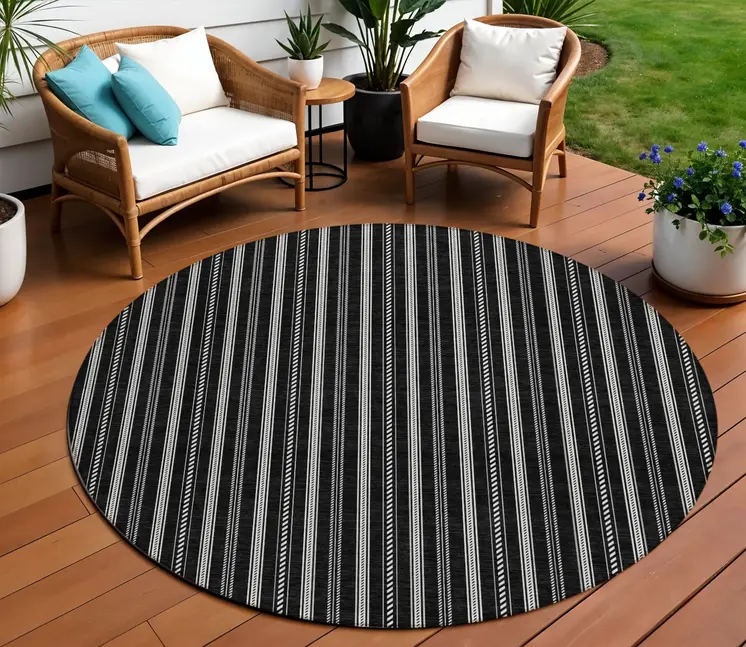 8' Black And Ivory Round Striped Washable Indoor Outdoor Area Rug