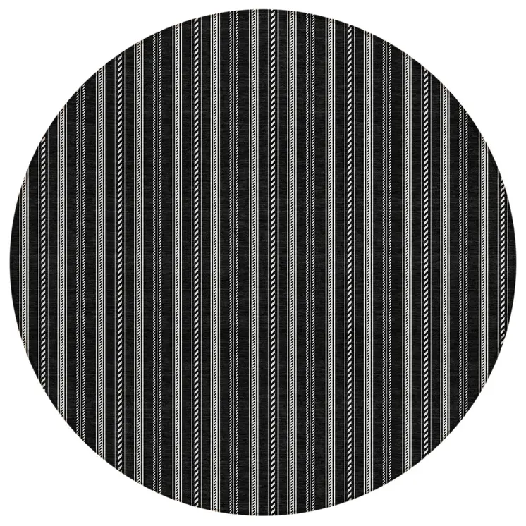8' Black And Ivory Round Striped Washable Indoor Outdoor Area Rug