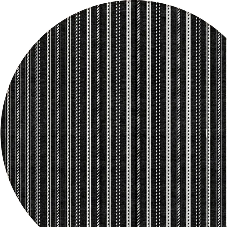 8' Black And Ivory Round Striped Washable Indoor Outdoor Area Rug