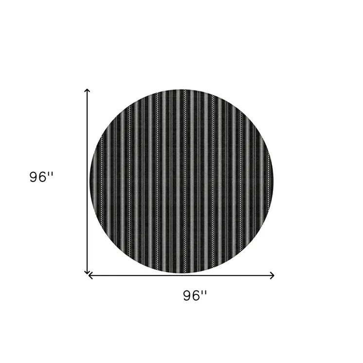 8' Black And Ivory Round Striped Washable Indoor Outdoor Area Rug