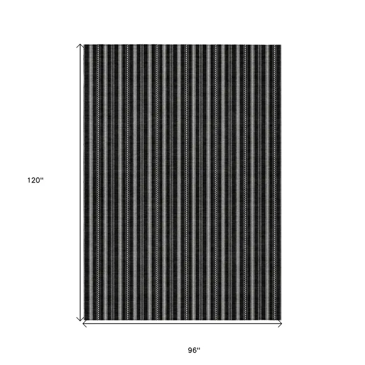 8' X 10' Black And Ivory Striped Washable Indoor Outdoor Area Rug