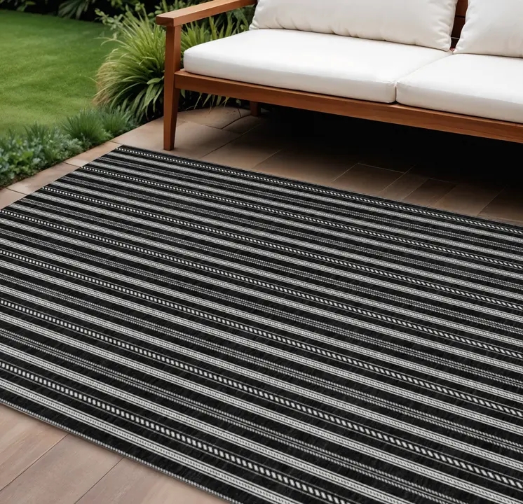 8' X 10' Black And Ivory Striped Washable Indoor Outdoor Area Rug