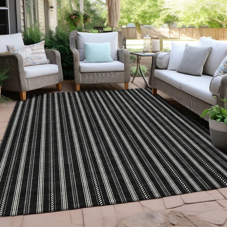 8' X 10' Black And Ivory Striped Washable Indoor Outdoor Area Rug